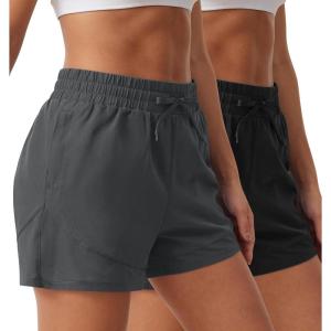 imageSILKWORLD Womens 2 in 1 Athletic Shorts with Zipper Pockets High Waist Workout Shorts for Gym Running2pack Blackdark Grey