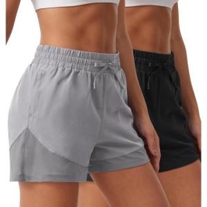 imageSILKWORLD Womens 2 in 1 Athletic Shorts with Zipper Pockets High Waist Workout Shorts for Gym Running2pack Blackgrey