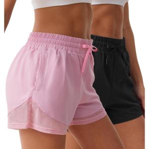 imageSILKWORLD Womens 2 in 1 Athletic Shorts with Zipper Pockets High Waist Workout Shorts for Gym Running2pack Blackpink