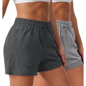 imageSILKWORLD Womens 2 in 1 Athletic Shorts with Zipper Pockets High Waist Workout Shorts for Gym Running2pack Greydark Grey