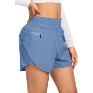 imageSILKWORLD Womens Running Shorts 3quot High Waisted Athletic Shorts for Gym Workout Yoga with Liner and Zipper PocketsGrey Blue