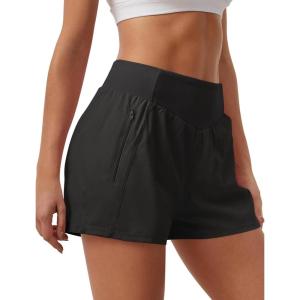 imageSILKWORLD Womens Shorts High Waisted Running Shorts 2 in 1 Quick Dry Gym Shorts with Zipper Pockets Solid Color Black Large