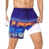 imageSILKWORLD Mens Swim Trunks with Compression Liner 6 Inch Inseam Quick Dry Beach Shorts Bathing Suit with Zipper PocketsNavy Blue Stripe Coconut Trees