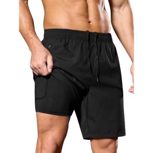 imageSILKWORLD Mens 2 in 1 Running Shorts 7quot Workout Gym Athletic Shorts Quick Dry Lightweight Training Shorts with PocketsBlack