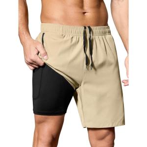 imageSILKWORLD Mens 2 in 1 Running Shorts 7quot Workout Gym Athletic Shorts Quick Dry Lightweight Training Shorts with PocketsKhaki
