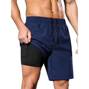 imageSILKWORLD Mens 2 in 1 Running Shorts 7quot Workout Gym Athletic Shorts Quick Dry Lightweight Training Shorts with PocketsNavy