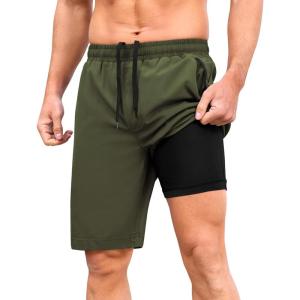 imageSILKWORLD Mens Athletic Running Shorts 2 in 1 Quick Dry Basketball Training Shorts 9 Inch Gym Workout with Zip PocketsArmy Green
