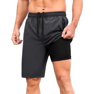 imageSILKWORLD Mens Athletic Running Shorts 2 in 1 Quick Dry Basketball Training Shorts 9 Inch Gym Workout with Zip PocketsDark Grey