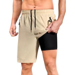 imageSILKWORLD Mens Athletic Running Shorts 2 in 1 Quick Dry Basketball Training Shorts 9 Inch Gym Workout with Zip PocketsKhaki