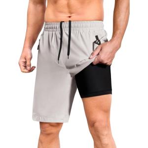 imageSILKWORLD Mens Athletic Running Shorts 2 in 1 Quick Dry Basketball Training Shorts 9 Inch Gym Workout with Zip PocketsLight Grey