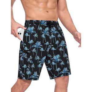 imageSILKWORLD Mens Swim Trunks Quick Dry Bathing Suit 9 Inch Swim Shorts with Mesh Lining and Zipper Cargo PocketsBlack Blue Leaves