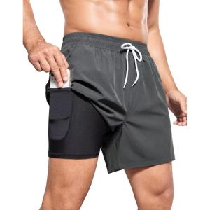 imageSILKWORLD Mens Swim Trunks Quick Dry Bathing Suits 6 Inch Swimming Shorts with Compression Liner and Zipper PocketsCharcoal Grey