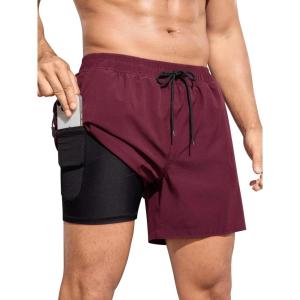 imageSILKWORLD Mens Swim Trunks Quick Dry Bathing Suits 6 Inch Swimming Shorts with Compression Liner and Zipper PocketsDark Red