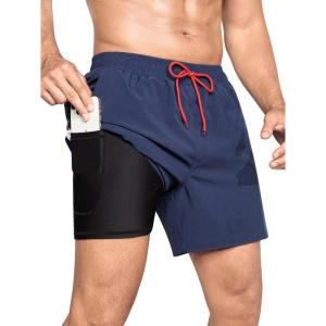 imageSILKWORLD Mens Swim Trunks Quick Dry Bathing Suits 6 Inch Swimming Shorts with Compression Liner and Zipper PocketsNavy