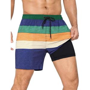 imageSILKWORLD Mens Swim Trunks with Compression Liner 6 Inch Inseam Quick Dry Beach Shorts Bathing Suit with Zipper PocketsBlue Curry Stripe