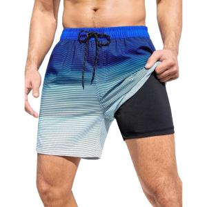imageSILKWORLD Mens Swim Trunks with Compression Liner 6 Inch Inseam Quick Dry Beach Shorts Bathing Suit with Zipper PocketsBlue Green Gradient Stripes