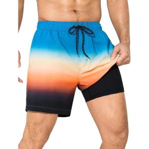 imageSILKWORLD Mens Swim Trunks with Compression Liner 6 Inch Inseam Quick Dry Beach Shorts Bathing Suit with Zipper PocketsBlue Orange Gradient