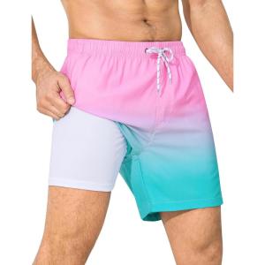imageSILKWORLD Mens Swim Trunks with Compression Liner 6 Inch Inseam Quick Dry Beach Shorts Bathing Suit with Zipper PocketsPink Blue Gradient