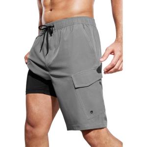 imageSILKWORLD Mens Swim Trunks with Compression Liner 9 Inch Bathing Suits QuickDry Swimming Beach Shorts with Cargo PocketsA01 Dark Grey