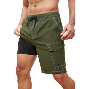 imageSILKWORLD Mens Swim Trunks with Compression Liner 9 Inch Bathing Suits QuickDry Swimming Beach Shorts with Cargo PocketsArmy Green