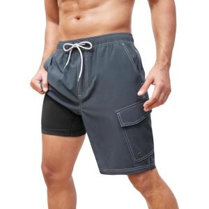 imageSILKWORLD Mens Swim Trunks with Compression Liner 9 Inch Bathing Suits QuickDry Swimming Beach Shorts with Cargo PocketsCharcoal Gray