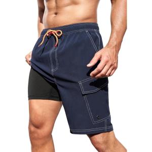 imageSILKWORLD Mens Swim Trunks with Compression Liner 9 Inch Bathing Suits QuickDry Swimming Beach Shorts with Cargo PocketsDark Navy