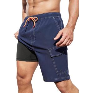 imageSILKWORLD Mens Swim Trunks with Compression Liner 9 Inch Bathing Suits QuickDry Swimming Beach Shorts with Cargo PocketsNavy