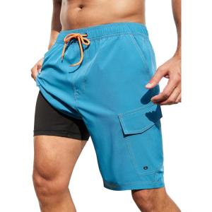 imageSILKWORLD Mens Swim Trunks with Compression Liner 9 Inch Bathing Suits QuickDry Swimming Beach Shorts with Cargo PocketsPeacock Blue