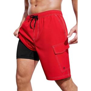 imageSILKWORLD Mens Swim Trunks with Compression Liner 9 Inch Bathing Suits QuickDry Swimming Beach Shorts with Cargo PocketsRed