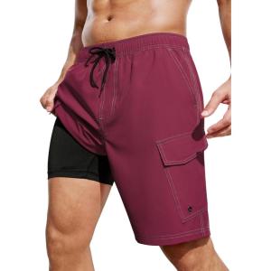 imageSILKWORLD Mens Swim Trunks with Compression Liner 9 Inch Bathing Suits QuickDry Swimming Beach Shorts with Cargo PocketsWine Red