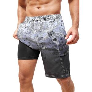 imageSILKWORLD Mens Swim Trunks with Compression Liner 9 Inch Bathing Suits QuickDry Swimming Beach Shorts with Cargo PocketsZ0gradient Black Grey Flower