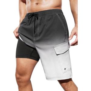 imageSILKWORLD Mens Swim Trunks with Compression Liner 9 Inch Bathing Suits QuickDry Swimming Beach Shorts with Cargo PocketsZ0gradient Black White