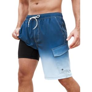 imageSILKWORLD Mens Swim Trunks with Compression Liner 9 Inch Bathing Suits QuickDry Swimming Beach Shorts with Cargo PocketsZ0gradient Blue