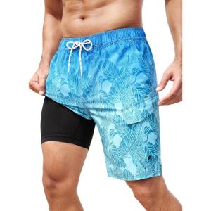 imageSILKWORLD Mens Swim Trunks with Compression Liner 9 Inch Bathing Suits QuickDry Swimming Beach Shorts with Cargo PocketsZ0gradient Blue Green Leaf