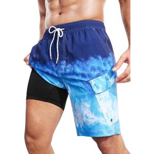 imageSILKWORLD Mens Swim Trunks with Compression Liner 9 Inch Bathing Suits QuickDry Swimming Beach Shorts with Cargo PocketsZ0gradient Blue White Wave