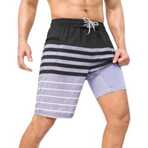 imageSILKWORLD Mens Swim Trunks with Compression Liner 9quot Swimming Trunk 2 in 1 Beach Quick Dry Shorts with Zipper PocketBlack Grey Stripes