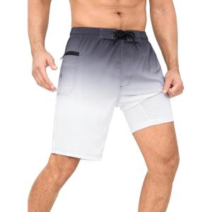 imageSILKWORLD Mens Swim Trunks with Compression Liner 9quot Swimming Trunk 2 in 1 Beach Quick Dry Shorts with Zipper PocketBlack White Gradient