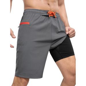 imageSILKWORLD Mens Swim Trunks with Compression Liner 9quot Swimming Trunk 2 in 1 Beach Quick Dry Shorts with Zipper PocketDark Grey
