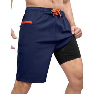 imageSILKWORLD Mens Swim Trunks with Compression Liner 9quot Swimming Trunk 2 in 1 Beach Quick Dry Shorts with Zipper PocketNavy Blue