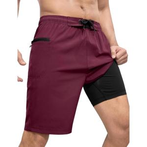 imageSILKWORLD Mens Swim Trunks with Compression Liner 9quot Swimming Trunk 2 in 1 Beach Quick Dry Shorts with Zipper PocketWine Red