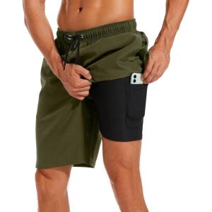 imageSILKWORLD Mens Swimming Shorts Quick Dry Beach Trunks Swimwear with Mesh LiningCompression Army Green