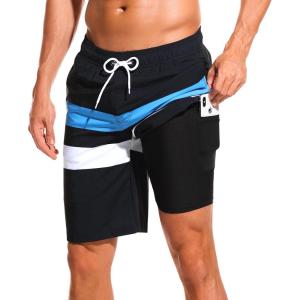 imageSILKWORLD Mens Swimming Shorts Quick Dry Beach Trunks Swimwear with Mesh LiningCompression Blackbluewhite