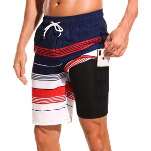 imageSILKWORLD Mens Swimming Shorts Quick Dry Beach Trunks Swimwear with Mesh LiningCompression Navyredwhite