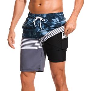 imageSILKWORLD Mens Swimming Shorts Quick Dry Beach Trunks Swimwear with Mesh LiningCompression Printingwhitegrey