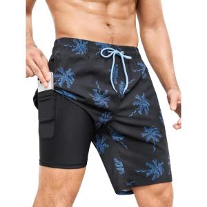 imageSILKWORLD Mens Swimming Trunks with Compression Liner 2 in 1 QuickDry 9quot Swim Shorts with Zipper PocketsBlack Coconut Tree