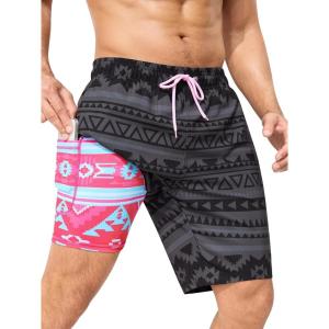 imageSILKWORLD Mens Swimming Trunks with Compression Liner 2 in 1 QuickDry 9quot Swim Shorts with Zipper PocketsBlack Geometrical