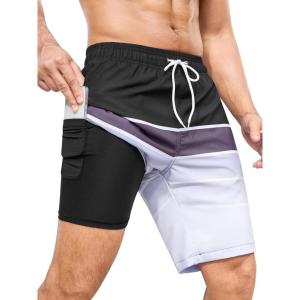 imageSILKWORLD Mens Swimming Trunks with Compression Liner 2 in 1 QuickDry 9quot Swim Shorts with Zipper PocketsBlack Grey Stripes