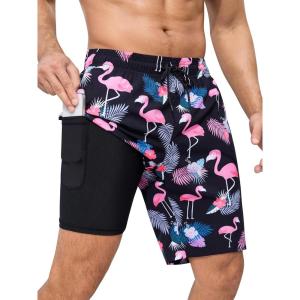 imageSILKWORLD Mens Swimming Trunks with Compression Liner 2 in 1 QuickDry 9quot Swim Shorts with Zipper PocketsBlack Pink Flamingo