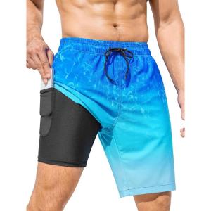 imageSILKWORLD Mens Swimming Trunks with Compression Liner 2 in 1 QuickDry 9quot Swim Shorts with Zipper PocketsBlue Ripple