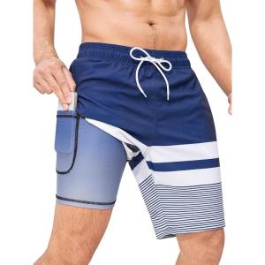 imageSILKWORLD Mens Swimming Trunks with Compression Liner 2 in 1 QuickDry 9quot Swim Shorts with Zipper PocketsBlue Stripes